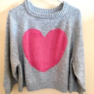 Old Navy Womens Sweater Size XL Gray with Pink Heart Recycled Valentines Cropped
